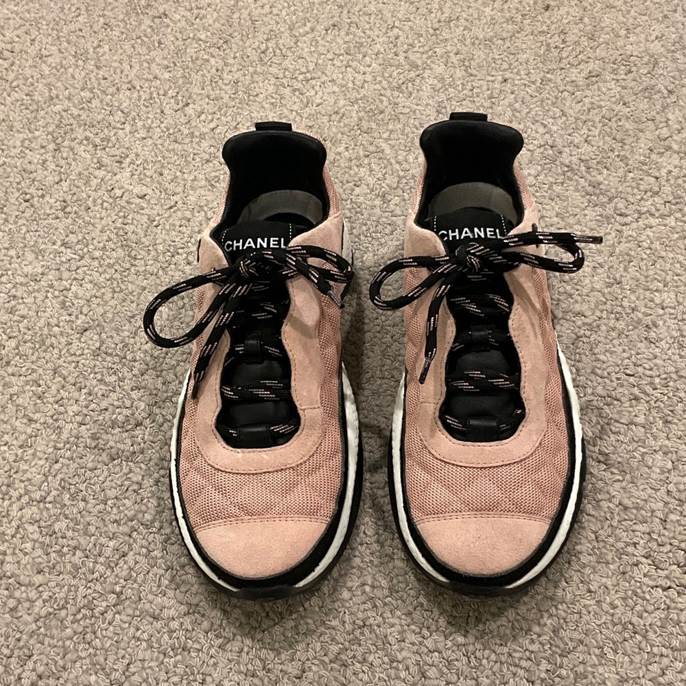 CHANEL Blush Pink and Black Lace-Up Sneakers